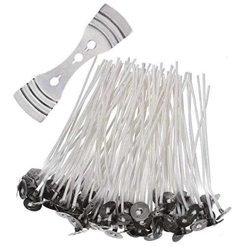 BSTHP mechas de Vela sin Humo, 100 Paquetes de mechas de Vela Natural preenceradas de 10 cm con 1 Soporte