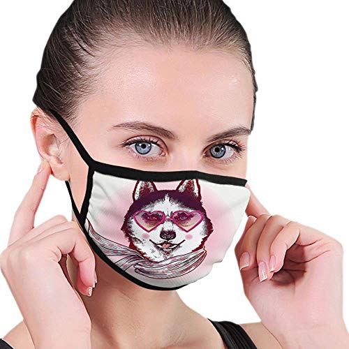 Bufanda de caricatura de perro hipster Husky con corazones gafas de sol y bufanda, diseño de animales, color rosa, crema y negro, con escudo de boca, unisex, a prueba de viento, cómodo Reus