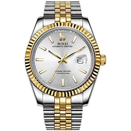 BUREI Hombres Reloj automático Dial Blanco analógico con Ventana de Fecha Cristal de Zafiro Oro Dos Tonos Caja de Acero Inoxidable de Zafiro cristalino