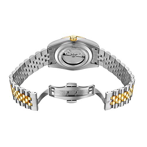 BUREI Hombres Reloj automático Dial Blanco analógico con Ventana de Fecha Cristal de Zafiro Oro Dos Tonos Caja de Acero Inoxidable de Zafiro cristalino