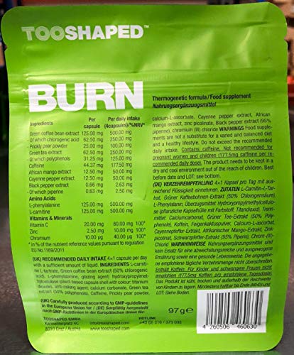 BURN – Suplemento termogénico con L carnitina, cafeína, extracto de té verde, etc. para atletas - 120 cápsulas - de TOOSHAPED