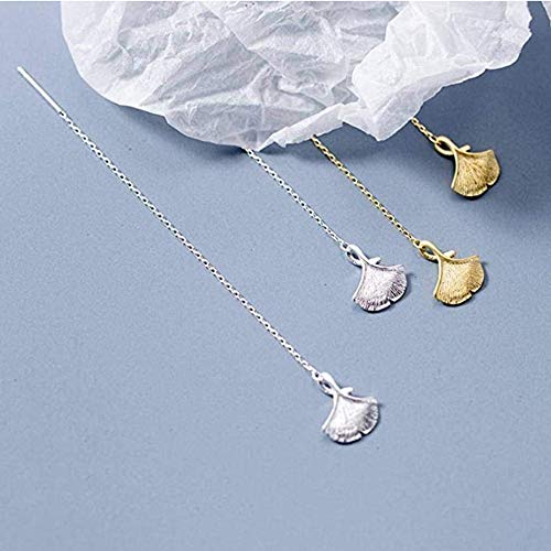 Butterfly BB S925 Ginkgo biloba Hoja línea de Hongo Blanco Gotas para los oídos Dangler Mujer Pendiente esterlina de Plata Ginkgo Hoja línea Oreja Simplicidad Almendra Deja Pendientes Largos,Plata