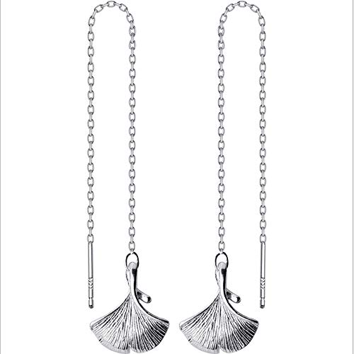 Butterfly BB S925 Ginkgo biloba Hoja línea de Hongo Blanco Gotas para los oídos Dangler Mujer Pendiente esterlina de Plata Ginkgo Hoja línea Oreja Simplicidad Almendra Deja Pendientes Largos,Plata
