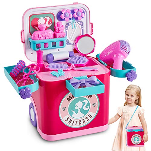 Buyger 4 en 1 Maletin Maquillaje Juguete Infantil Belleza Joyería Peluqueria Juegos de Imitación para Niño Niña 3 4 5 Años