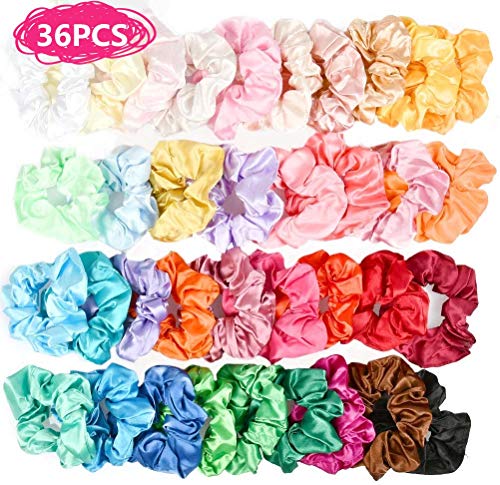 BUYGOO Scrunchies de Satén para Cabello 36 Colores Scrunchies Tela Lazos para el Cabello Gomas del Pelo Elasticas Cuerdas Scrunchie para Mujeres Niñas