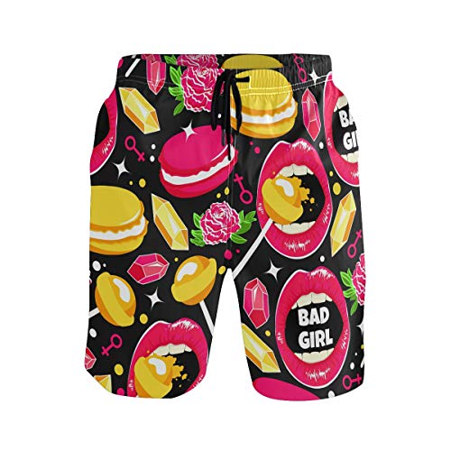 Buyxbn Lip Rose Macaron Diamond Lollipops S - Pantalones cortos de baño para hombre con forro de malla Color-1 M