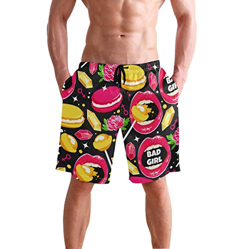 Buyxbn Lip Rose Macaron Diamond Lollipops S - Pantalones cortos de baño para hombre con forro de malla Color-1 M