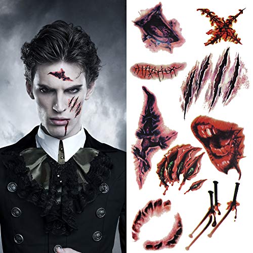 BUZIFU Tatuajes Temporales de Heridas y Cicatrices(20 Hojas) Tatuajes Temporales Realistas de Halloween y Carnaval Calcomanias Tatuajes para Adultos y Niños,para Adherirse a Cualquier Parte del Cuerpo