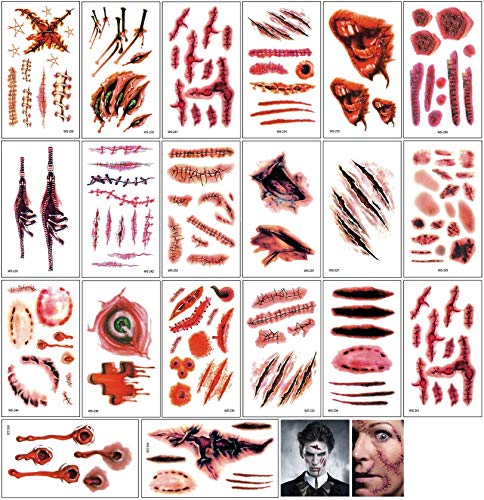 BUZIFU Tatuajes Temporales de Heridas y Cicatrices(20 Hojas) Tatuajes Temporales Realistas de Halloween y Carnaval Calcomanias Tatuajes para Adultos y Niños,para Adherirse a Cualquier Parte del Cuerpo