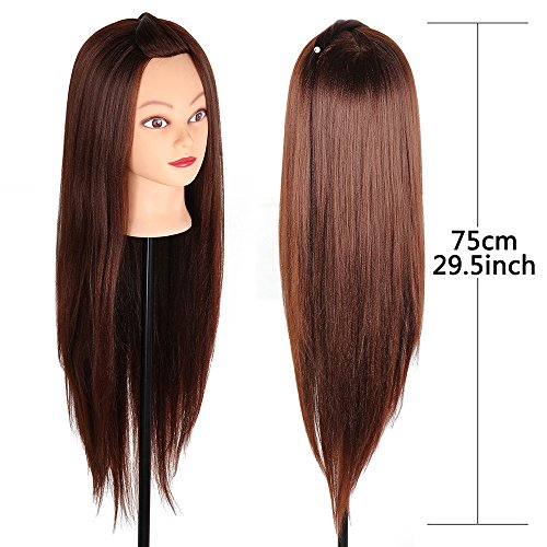 Cabeza de Maniquí, TopDirect 75cm/29.5" Cabello Largo Practicas Formación Muñeca de la Cosmetología para Peluquería, Cabeza de Muñeca con Soporte de Mesa + Accesorios de Peinado, Marrón