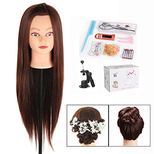 Cabeza de Maniquí, TopDirect 75cm/29.5" Cabello Largo Practicas Formación Muñeca de la Cosmetología para Peluquería, Cabeza de Muñeca con Soporte de Mesa + Accesorios de Peinado, Marrón