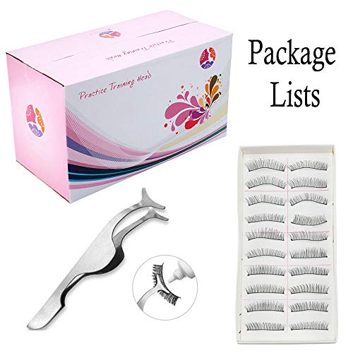 Cabeza de Maquillaje con 10 pares Pestañas Falsas y 1pcs Clip de Pestañas para Maquillaje de Práctica Labio de Extensión de Pestañas Modelo