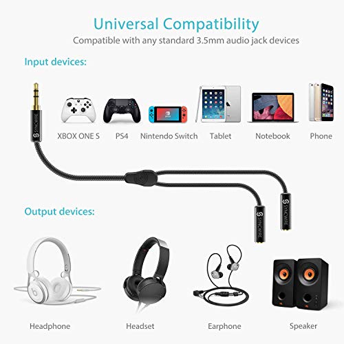Cable Divisor Syncwire, Splitter Jack Auriculares Nylon trenzado [23cm] Cable divisor de Jack (Audio estéreo) - Macho de 3.5mm a 2 Hembras de 3.5mm, Cable para Apple, Samsung, Smartphones, MP3