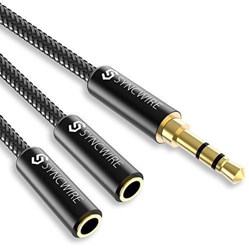 Cable Divisor Syncwire, Splitter Jack Auriculares Nylon trenzado [23cm] Cable divisor de Jack (Audio estéreo) - Macho de 3.5mm a 2 Hembras de 3.5mm, Cable para Apple, Samsung, Smartphones, MP3