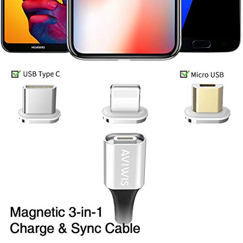 Cable USB Magnético, AVIWIS Multi Cable Magnetic de Carga Cargador Iman con Adaptador 3 en 1 Micro USB Tipo C IP Compatible con Android Galaxy, Xiaomi, Huawei, Honor, Kindle