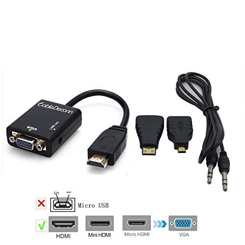CABLEDECONN 3 en 1 HDMI macho a VGA adaptador Convertidor Cable + Micro HDMI a HDMI + Mini HDMI a HDMI con salida de audio