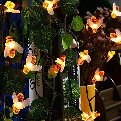 Cadena de Luces Solar 30 LED Guirnalda Luces Solares Exteriores Impermeables en forma de Abeja para Jardín Patio Árboles Césped Color Blanco Cálido