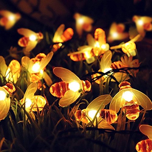 Cadena de Luces Solar 30 LED Guirnalda Luces Solares Exteriores Impermeables en forma de Abeja para Jardín Patio Árboles Césped Color Blanco Cálido