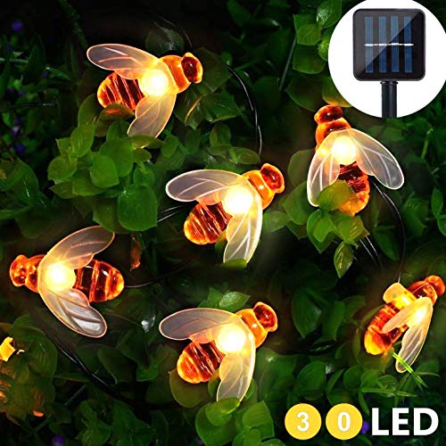 Cadena de Luces Solar 30 LED Guirnalda Luces Solares Exteriores Impermeables en forma de Abeja para Jardín Patio Árboles Césped Color Blanco Cálido