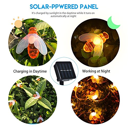 Cadena de Luces Solar 30 LED Guirnalda Luces Solares Exteriores Impermeables en forma de Abeja para Jardín Patio Árboles Césped Color Blanco Cálido