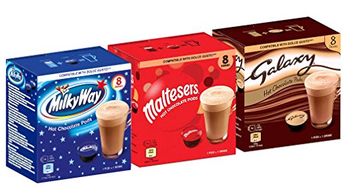 CaffeLuxe Galaxy, Milky Way & Maltesers Hot Chocolate - 8 vainas de cada sabor: vainas compatibles con Dolce Gusto