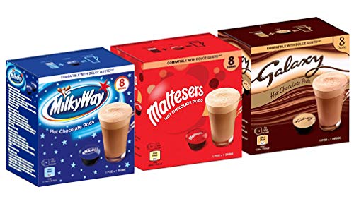 CaffeLuxe Galaxy, Milky Way & Maltesers Hot Chocolate - 8 vainas de cada sabor: vainas compatibles con Dolce Gusto