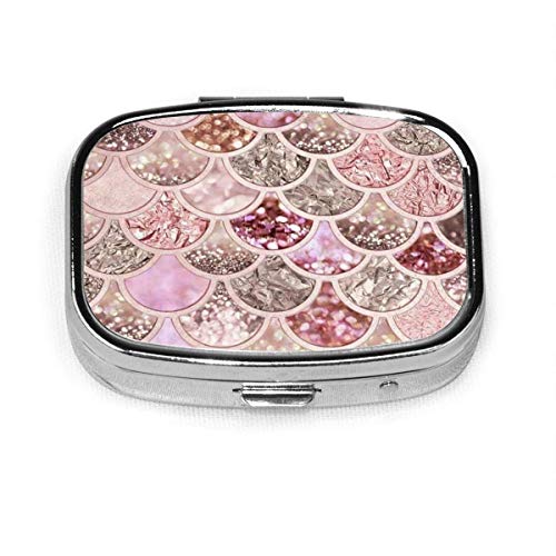 Caja de pastillas cuadrada Oro rosa Blush Glitter Ombre Escamas de sirena Patrón Metal Medicina Organizador Contenedor Estuche Almacenamiento Viaje Caja decorativa diaria Estuche