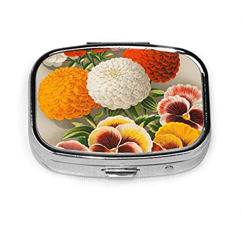 Caja de pastillas cuadrada Pensamientos y caléndulas Organizador de metal para medicinas Estuche para contenedores Almacenamiento Viaje Caja decorativa diaria Soporte para estuches