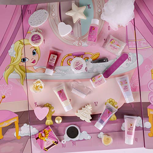 Calendario de Adviento de princesa de Accentra, para niñas, con 24 productos de cuidado corporal y de baño, productos cosméticos para una época de Adviento variada y elegante