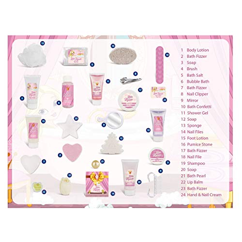 Calendario de Adviento de princesa de Accentra, para niñas, con 24 productos de cuidado corporal y de baño, productos cosméticos para una época de Adviento variada y elegante