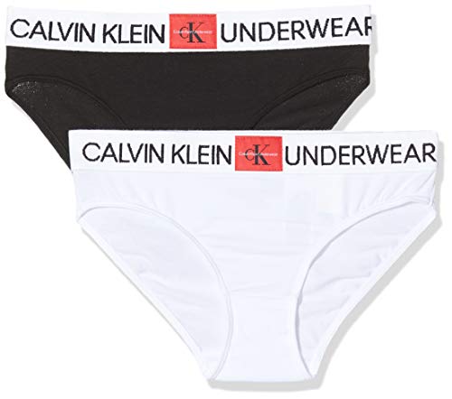 Calvin Klein 2pk Bikini, Blanco (1White/1Black 0LB), 8-9 años (Talla del Fabricante: 8-10) para Niñas