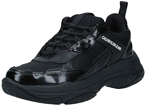Calvin Klein Women's Maya Chunky Leather Lace Up Trainer Black/Black-Black-3 Size 3