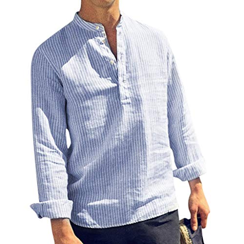Camisa a Rayas para Hombre Promoción Moda Manga Larga Cuello Henry Regular Fit Shirt Hombres Básica Casual Blusa con Botón Camisas Tops Tallas Grandes Yvelands(Azul,L)
