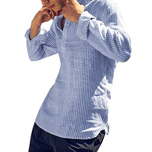 Camisa a Rayas para Hombre Promoción Moda Manga Larga Cuello Henry Regular Fit Shirt Hombres Básica Casual Blusa con Botón Camisas Tops Tallas Grandes Yvelands(Azul,L)