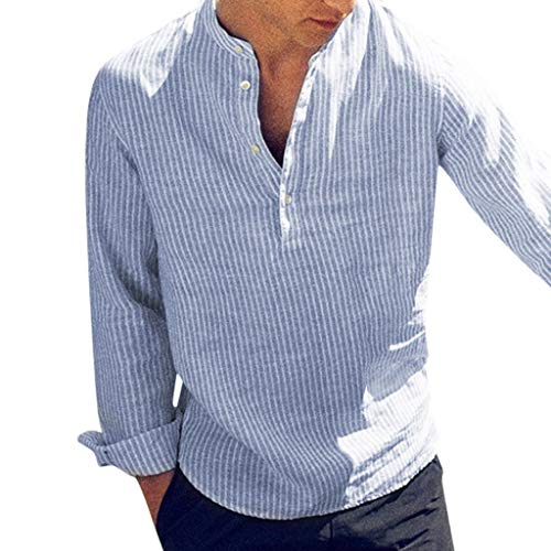 Camisa a Rayas para Hombre Promoción Moda Manga Larga Cuello Henry Regular Fit Shirt Hombres Básica Casual Blusa con Botón Camisas Tops Tallas Grandes Yvelands(Azul,L)