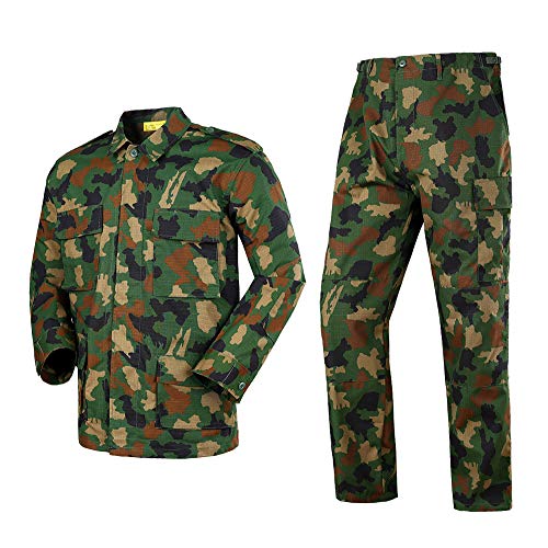 Camisa táctica de Manga Larga para Hombre-Juego Completo Camisa Militar para Hombre Camo Cargo Camisa de Combate al Aire Libre Chándal Conjunto Completo Pantalón Camuflaje Árbol-6-XL