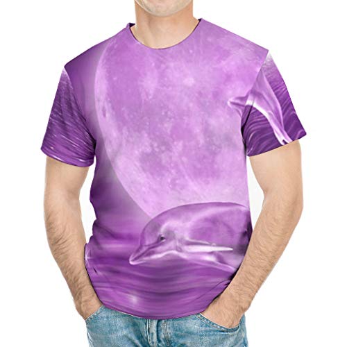 Camiseta de manga corta para hombre, diseño de fantasía con delfines océanos y onda de mar, luna completa, obra de arte, impresión mágica blanco M