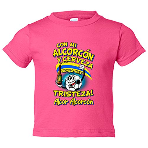 Camiseta niño frase con mi Alcorcón y cerveza nunca hay tristeza fútbol - Rosa, 3-4 años
