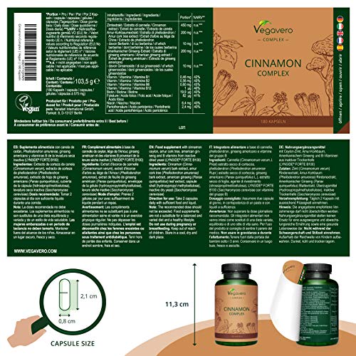 Canela Complex Vegavero® | Suplemento de Canela Ecológica | Sin Aditivos | Canela de Ceylán + Ginseng + Vitaminas B | 180 Cápsulas | Vegano