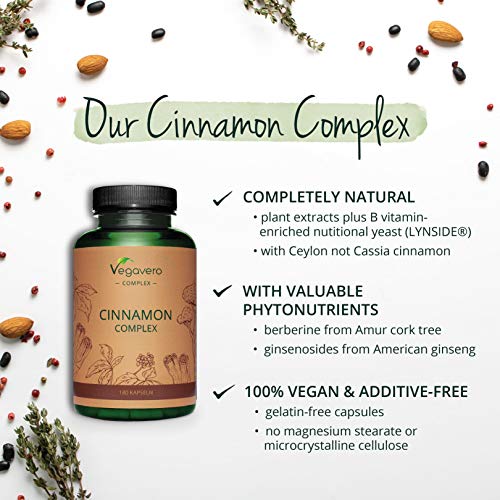 Canela Complex Vegavero® | Suplemento de Canela Ecológica | Sin Aditivos | Canela de Ceylán + Ginseng + Vitaminas B | 180 Cápsulas | Vegano