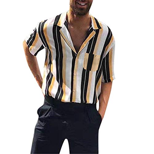 CAOQAO Hombre Camisa de Manga Corta Casual Blusa de Rayas Superior