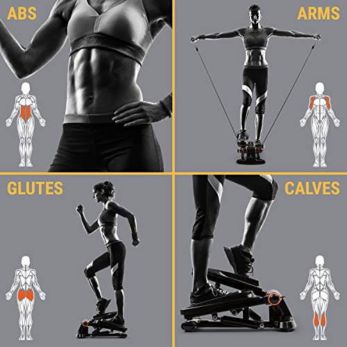 CapitalSports Galaxy Step - Máquina de Step, 2 Power Ropes de Apoyo, hasta 120 Kg,Ordenador de Entrenamiento, App FitShow, Bluetooth, Sistema hidráulico de absorción de pisada, Pantalla LCD, Naranja