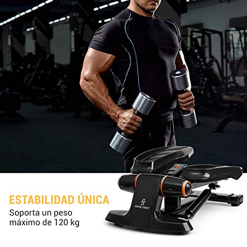 CapitalSports Galaxy Step - Máquina de Step, 2 Power Ropes de Apoyo, hasta 120 Kg,Ordenador de Entrenamiento, App FitShow, Bluetooth, Sistema hidráulico de absorción de pisada, Pantalla LCD, Naranja