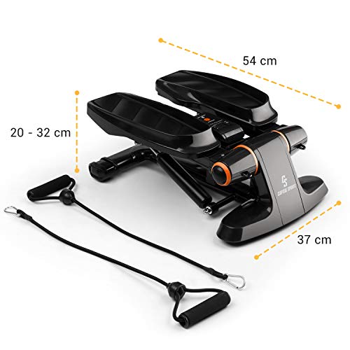 CapitalSports Galaxy Step - Máquina de Step, 2 Power Ropes de Apoyo, hasta 120 Kg,Ordenador de Entrenamiento, App FitShow, Bluetooth, Sistema hidráulico de absorción de pisada, Pantalla LCD, Naranja