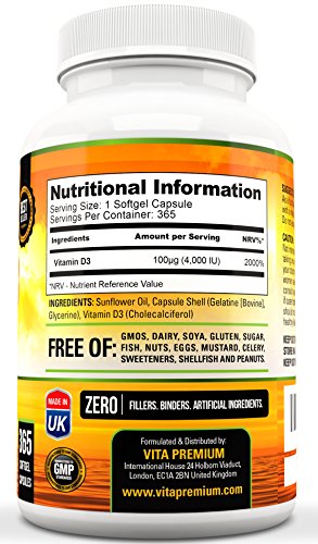 Cápsulas Blandas de Vitamina D3 365 (Suministro de un año), Suplemento de Vitamina D 4000 UI, Alta Absorción, Colecalciferol, de VitaPremium