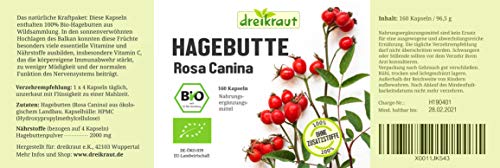 Cápsulas de rosa mosqueta orgánica de dreikraut, 160 unidades, sin aditivos, controladas en laborario, cápsulas para las articulaciones, 500mg, producción alemana
