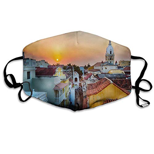 Carátula Impresa, Puesta de Sol, Vista sobre los tejados de la Ciudad Vieja Catedral de Cartagena Imagen de la Costa Colombiana, Multicolor, Decoraciones faciales para Adulto EJ-4712