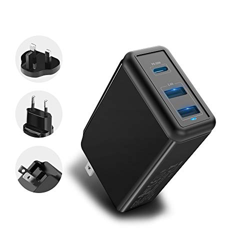 Cargador de Pared USB C, Rocketek 60W Type C PD Cargador rápido de 3 Puertos con Adaptador de Enchufe EU UK US Compatible para iPhone 11/Pro/X/XR/XS/MAX,iPad Pro,Mac Book Pro/Air,Galaxy,Pixel,Android