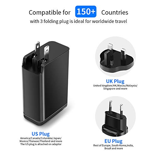 Cargador de Pared USB C, Rocketek 60W Type C PD Cargador rápido de 3 Puertos con Adaptador de Enchufe EU UK US Compatible para iPhone 11/Pro/X/XR/XS/MAX,iPad Pro,Mac Book Pro/Air,Galaxy,Pixel,Android