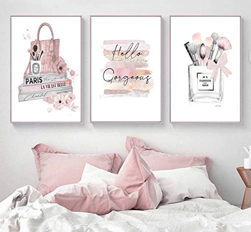 Cartel Maquillaje Pincel Belleza Arte de la pared Libros de moda Grabado Lienzo Pintura Rosa Perfume Imagen de la pared Decoración de la habitación de la niña 3 Piezas 40 * 50 Cm * 3 Sin marco